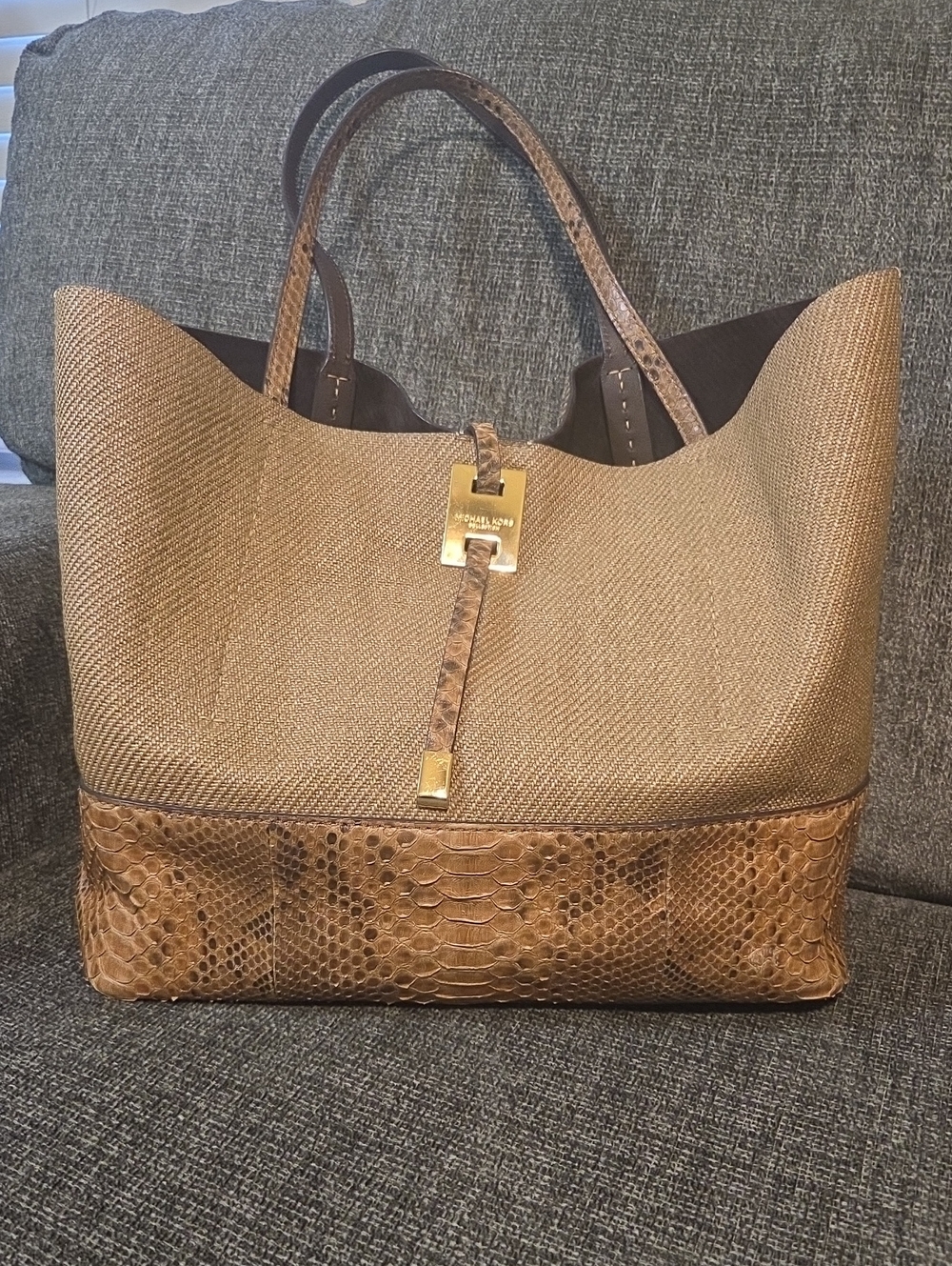 Michael Kors Tan and Brown Tote with Snake-Embossed Trim